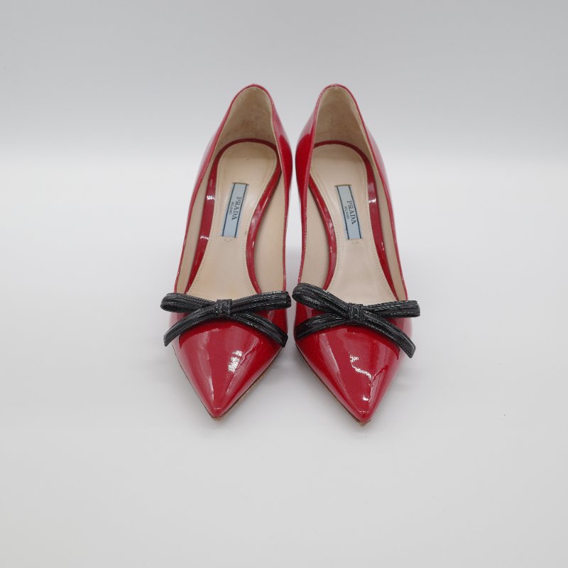 Prada普拉達 經典紅色 漆皮尖頭 高跟鞋-5