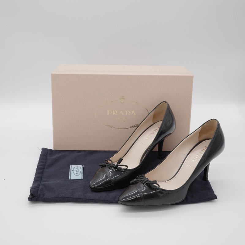 Prada 普拉達 蝴蝶結 黑色 漆皮尖頭高跟鞋-0