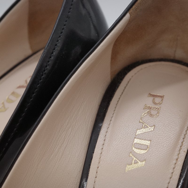Prada 普拉達 蝴蝶結 黑色 漆皮尖頭高跟鞋-6