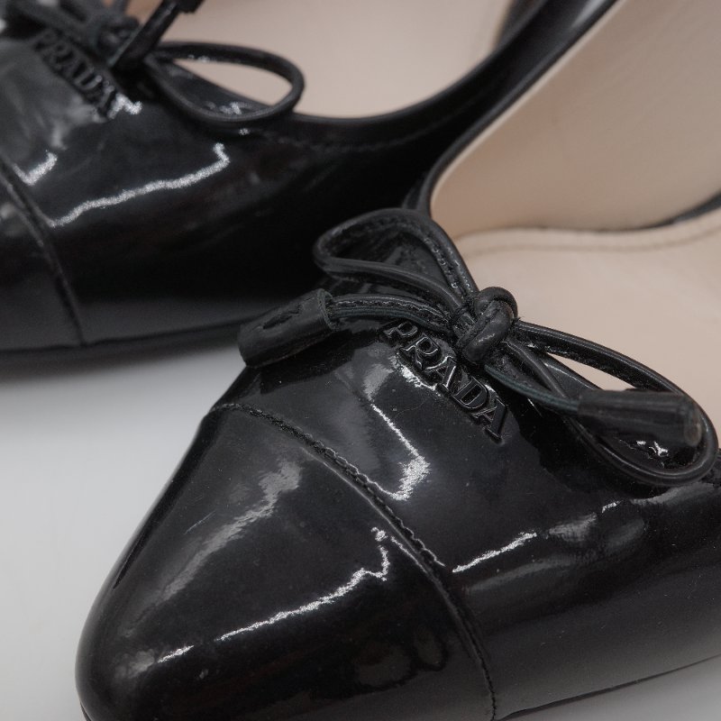 Prada 普拉達 蝴蝶結 黑色 漆皮尖頭高跟鞋-8