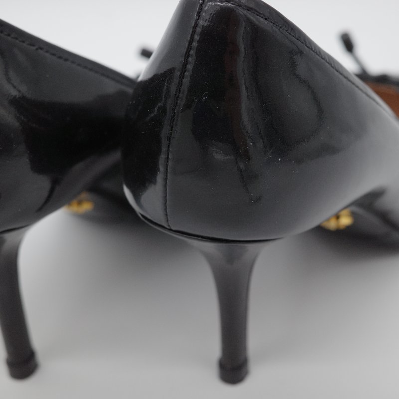 Prada 普拉達 蝴蝶結 黑色 漆皮尖頭高跟鞋-11