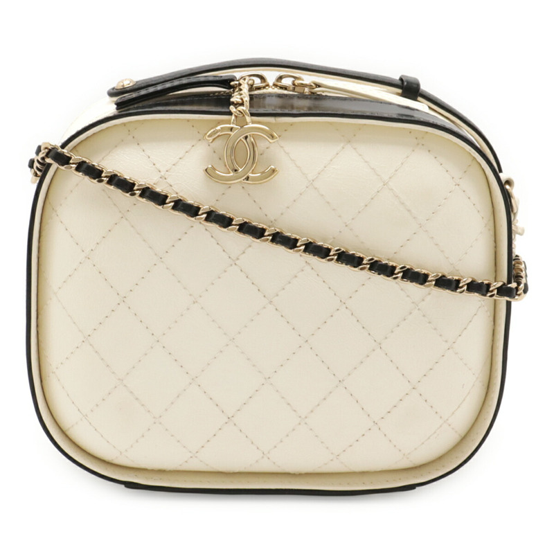 香奈兒 Matelasse Vanity 手袋,鏈條肩背包,皮革材質,白色,黑色-0