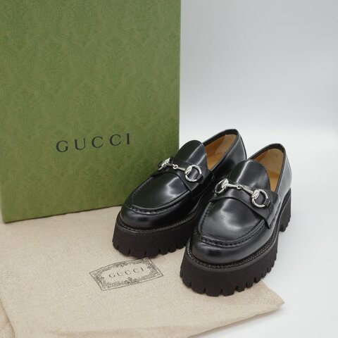 Gucci古馳Sylke 黑色牛皮 馬銜扣 厚底樂福鞋