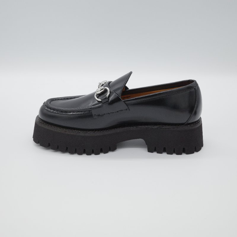 Gucci古馳Sylke 黑色牛皮 馬銜扣 厚底樂福鞋-2