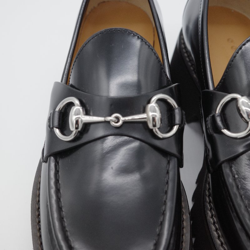 Gucci古馳Sylke 黑色牛皮 馬銜扣 厚底樂福鞋-6