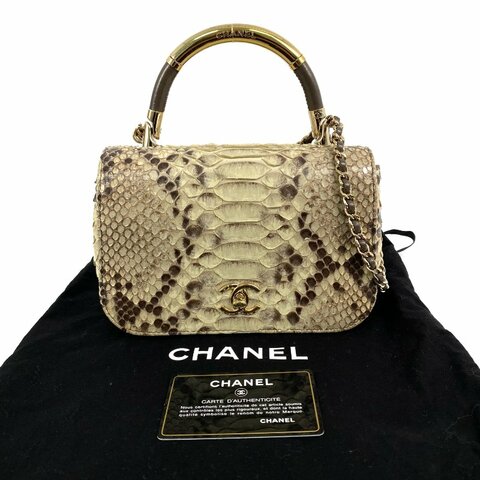 △ Chanel 香奈兒 Beige Python Gold Tone Metal Single Flap Chain 2 Way Bag No.23 米黃色蛇皮金色金屬鎖鏈肩背袋No.23 - 267002286