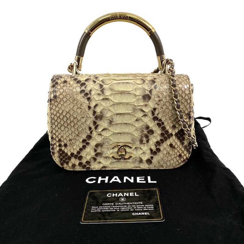 △ Chanel 香奈兒 Beige Python Gold Tone Metal Single Flap Chain 2 Way Bag No.23 米黃色蛇皮金色金屬鎖鏈肩背袋No.23 - 267002286-0