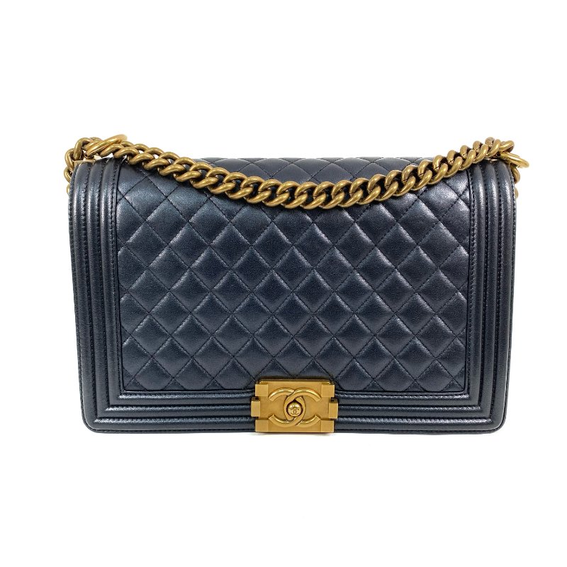△ Chanel 香奈兒 Boy 28CM Black Lambskin Gold Stone Metal Shoulder Bag No.19 A92193 黑色小羊皮金色金屬鎖鏈肩背袋No.19 - 257028745-1