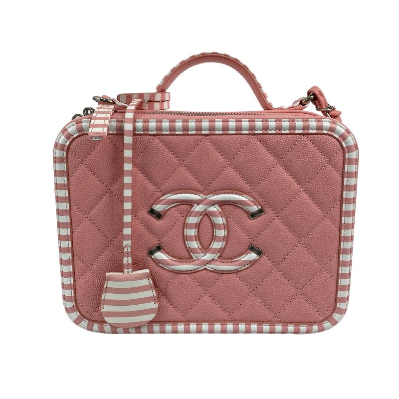 △ Chanel 香奈兒 Pink And White Caviar Skin Silver Tone Metal Filigree Vanity Case No.27 A93343 粉紅色和白色粒紋小牛皮銀色金屬鎖鏈化妝箱No.27 - 267002161-1