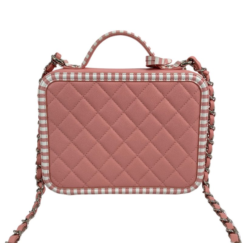 △ Chanel 香奈兒 Pink And White Caviar Skin Silver Tone Metal Filigree Vanity Case No.27 A93343 粉紅色和白色粒紋小牛皮銀色金屬鎖鏈化妝箱No.27 - 267002161-2