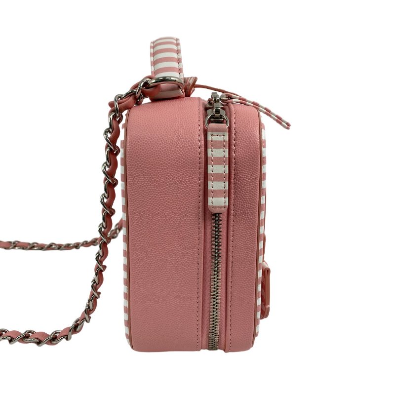 △ Chanel 香奈兒 Pink And White Caviar Skin Silver Tone Metal Filigree Vanity Case No.27 A93343 粉紅色和白色粒紋小牛皮銀色金屬鎖鏈化妝箱No.27 - 267002161-3