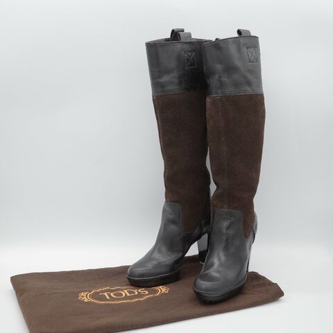 Tod's 托德斯 深褐色皮革 麂皮拼接高跟 及膝長靴