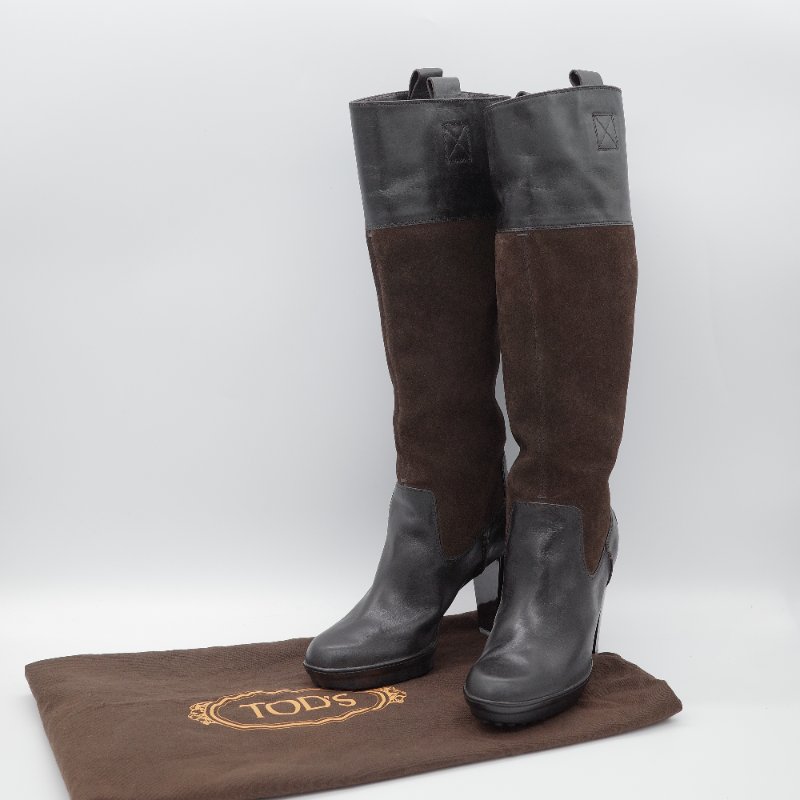 Tod's 托德斯 深褐色皮革 麂皮拼接高跟 及膝長靴-0