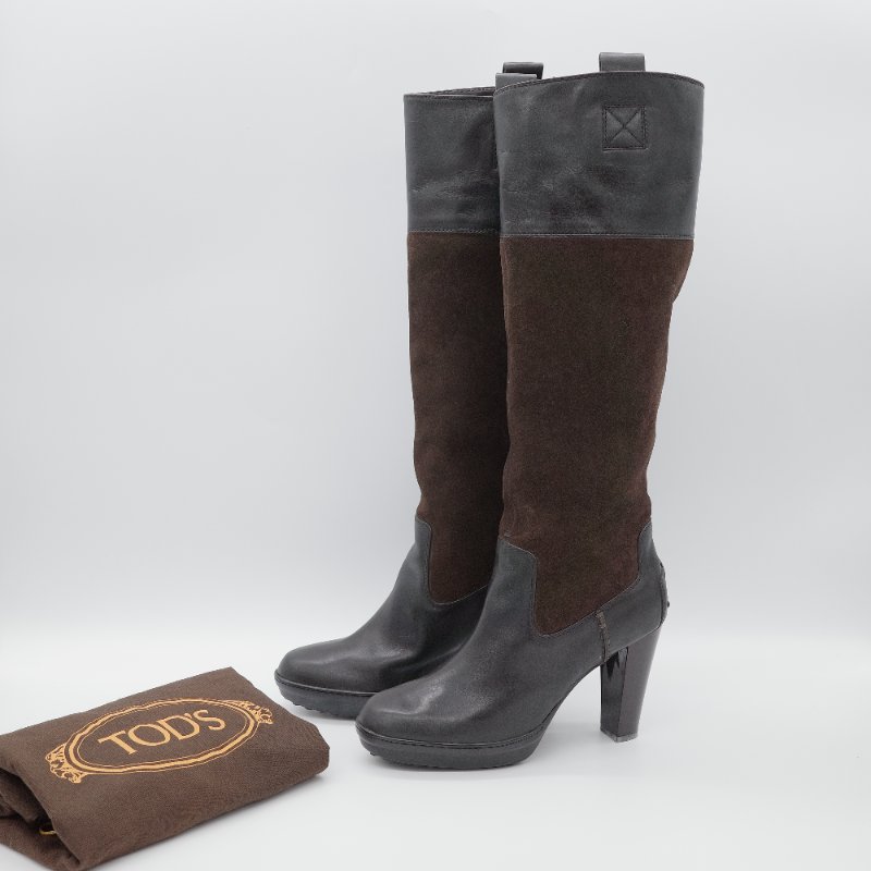 Tod's 托德斯 深褐色皮革 麂皮拼接高跟 及膝長靴-1