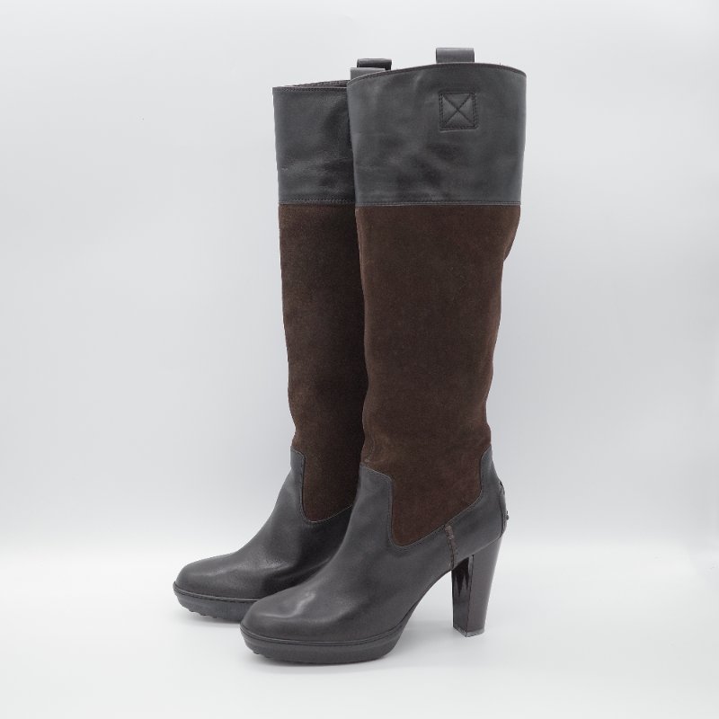 Tod's 托德斯 深褐色皮革 麂皮拼接高跟 及膝長靴-2