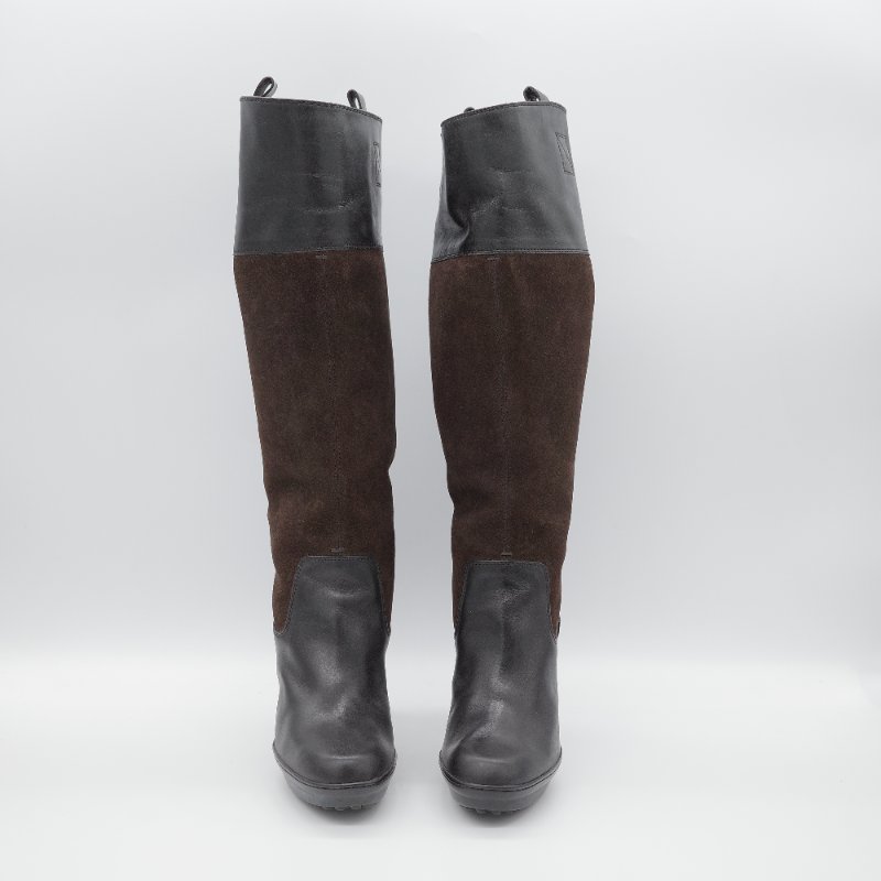 Tod's 托德斯 深褐色皮革 麂皮拼接高跟 及膝長靴-4