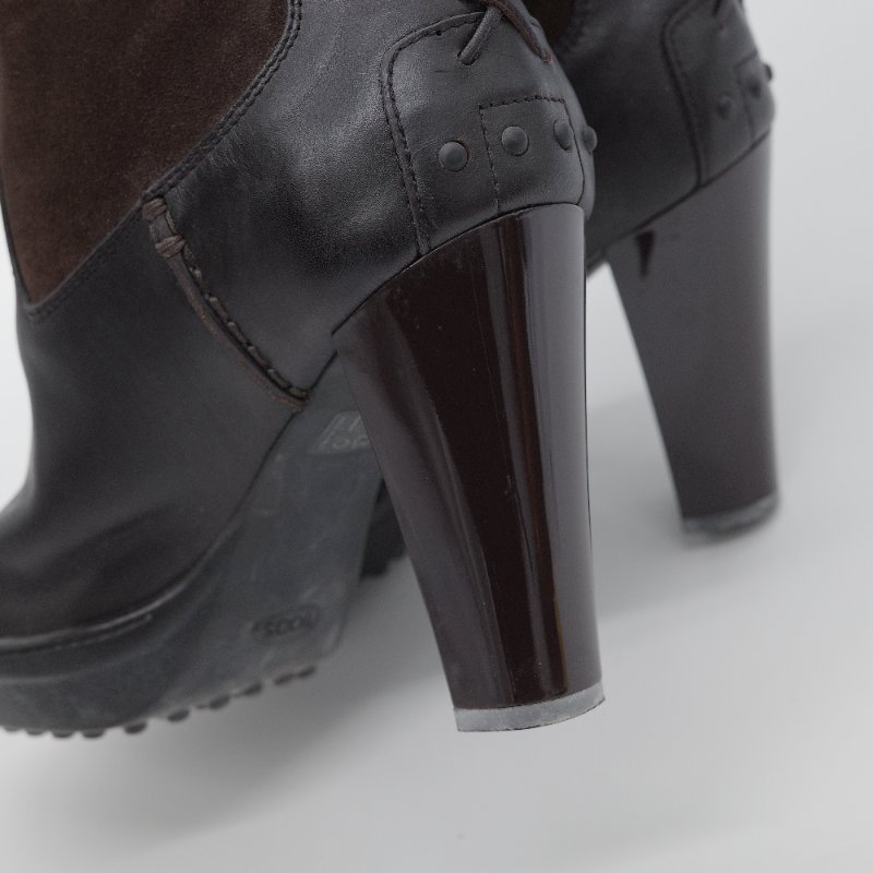 Tod's 托德斯 深褐色皮革 麂皮拼接高跟 及膝長靴-14