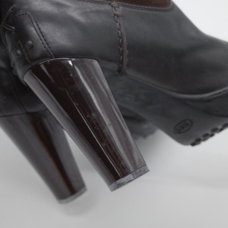 Tod's 托德斯 深褐色皮革 麂皮拼接高跟 及膝長靴-15