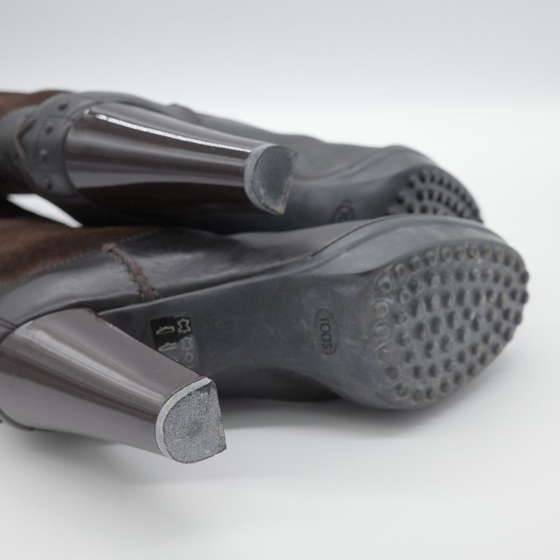 Tod's 托德斯 深褐色皮革 麂皮拼接高跟 及膝長靴-16