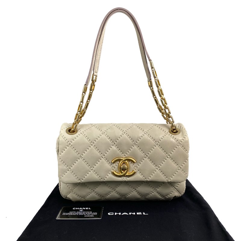 △ Chanel 香奈兒 Beige Calfskin Gold Tone Metal Wild Stitch Chain Shoulder Bag No.15 A66516 米白色小牛皮金色金屬鎖鏈肩背袋No.15 - 267000428-0