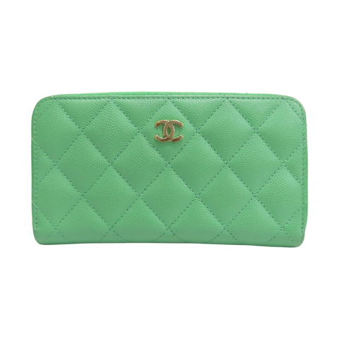 綠色 荔枝紋 牛皮 拉鍊長夾 (無卡)【CHANEL 香奈兒】