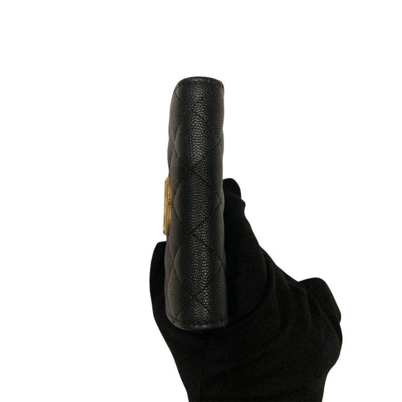 CHANEL 香奈兒 翻蓋卡片錢包 荔枝牛皮 黑色 金釦-4