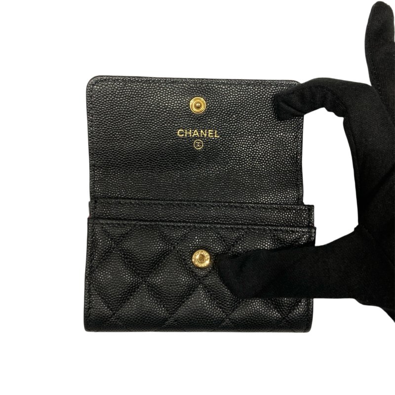 CHANEL 香奈兒 翻蓋卡片錢包 荔枝牛皮 黑色 金釦-12