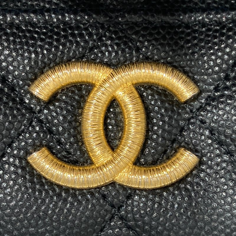 CHANEL 香奈兒 翻蓋卡片錢包 荔枝牛皮 黑色 金釦-17