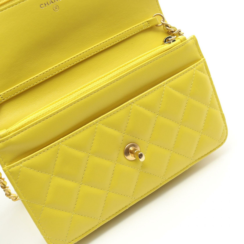 香奈兒 (CHANEL) 絎縫鏈條單背包錢包 AP1450 羊皮 黃色 二手 金色五金-8