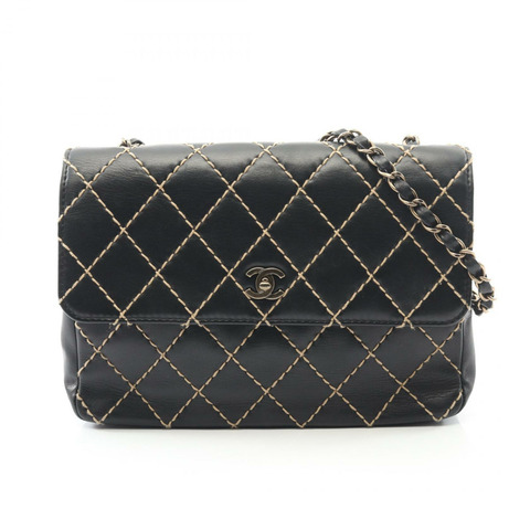 香奈兒 (CHANEL) 狂野縫線鏈條肩背包，黑色皮革，二手女款