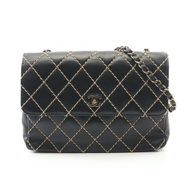 香奈兒 (CHANEL) 狂野縫線鏈條肩背包,黑色皮革,二手女款-0