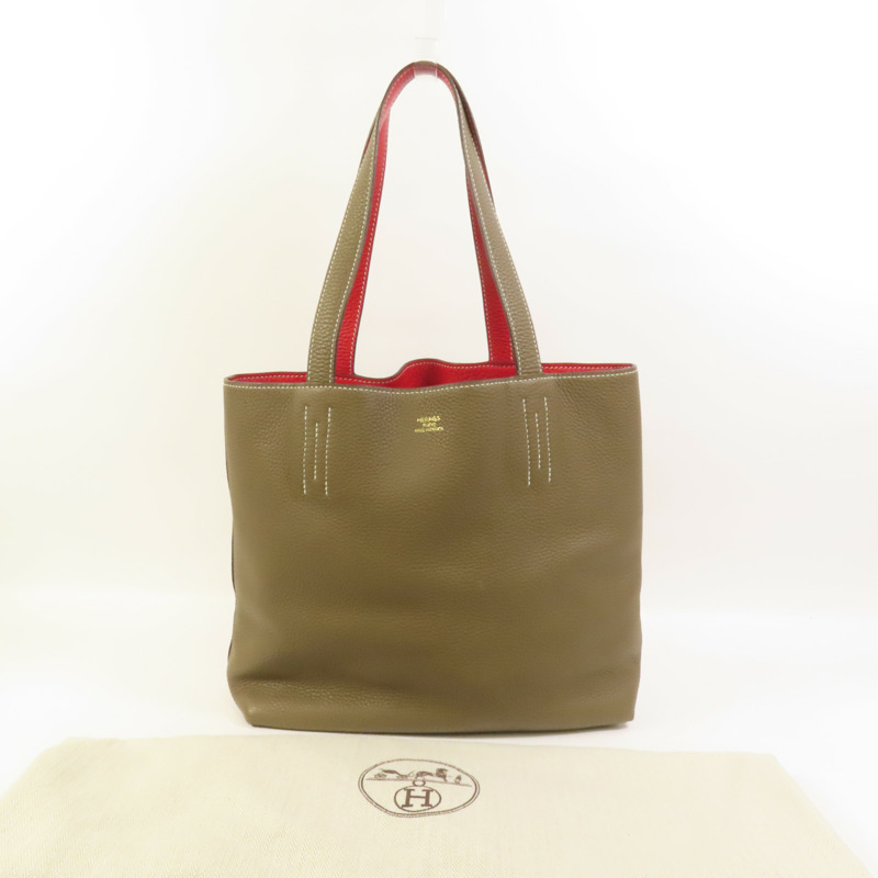 HERMES Clemence皮革Double Sens 35手挽袋 Etoupe/Rouge Tomato-8