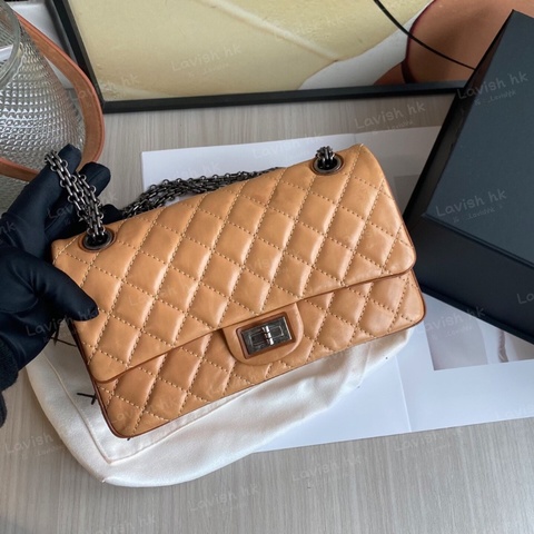 CHANEL 2.55小號 奶茶拼焦糖色銀扣牛皮