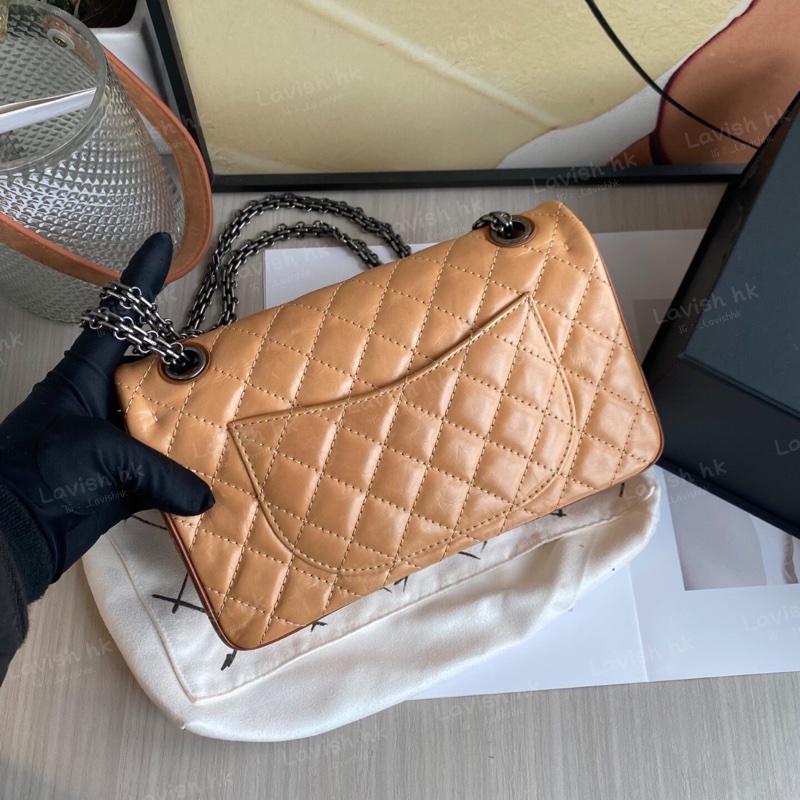 CHANEL 2.55小號 奶茶拼焦糖色銀扣牛皮-1