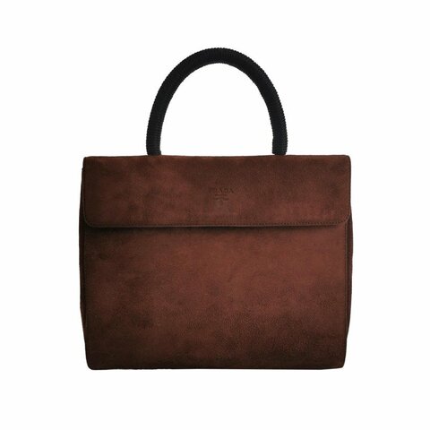 Prada翻毛皮純色字母Logo中古手提包