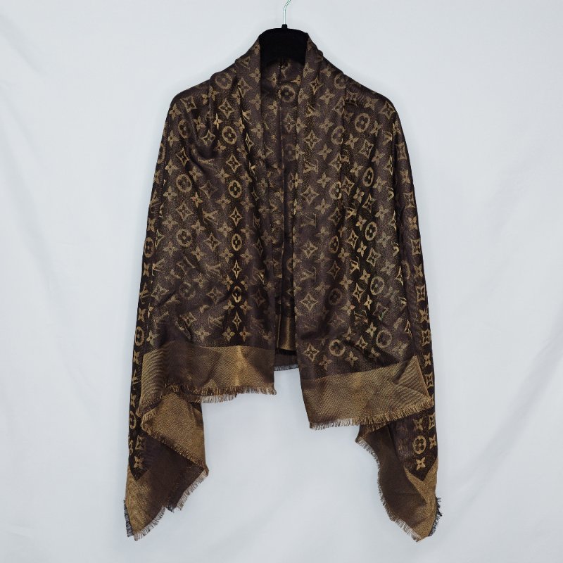 Louis Vuitton 路易威登 Monogram 黑色彩金緹花 織紋披肩 大圍巾 140cm X 140cm-0