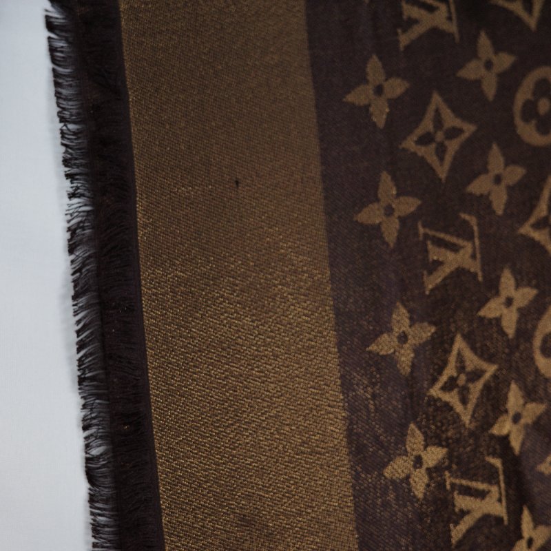 Louis Vuitton 路易威登 Monogram 黑色彩金緹花 織紋披肩 大圍巾 140cm X 140cm-4