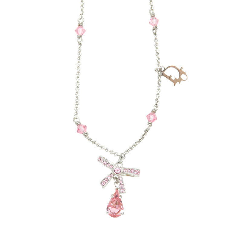 粉色水鑽 銀色鍍金 蝴蝶結水滴 項鏈【Dior 迪奧】-0