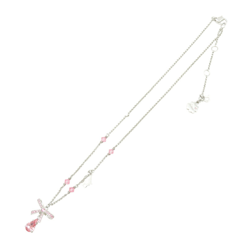 粉色水鑽 銀色鍍金 蝴蝶結水滴 項鏈【Dior 迪奧】-2