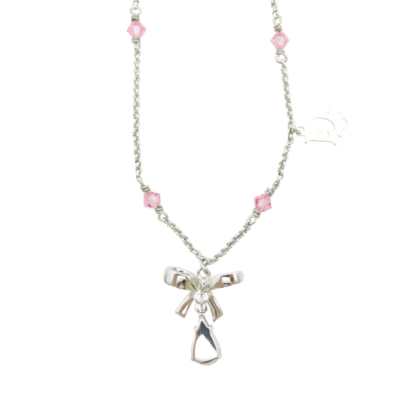 粉色水鑽 銀色鍍金 蝴蝶結水滴 項鏈【Dior 迪奧】-3
