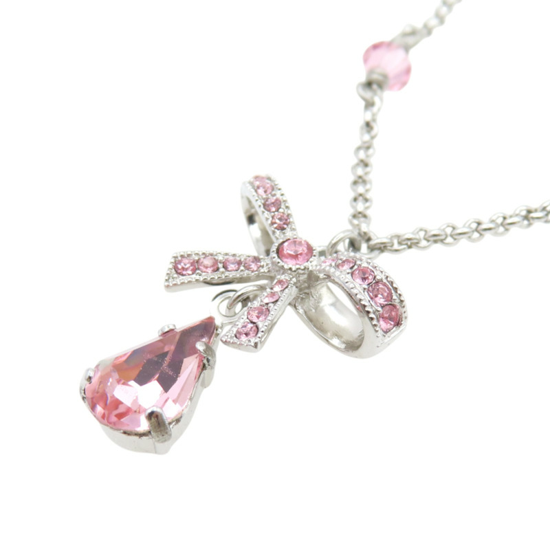 粉色水鑽 銀色鍍金 蝴蝶結水滴 項鏈【Dior 迪奧】-4