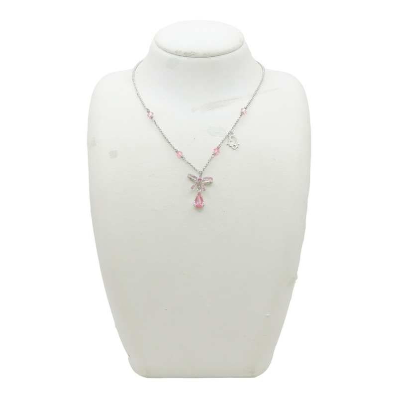 粉色水鑽 銀色鍍金 蝴蝶結水滴 項鏈【Dior 迪奧】-9