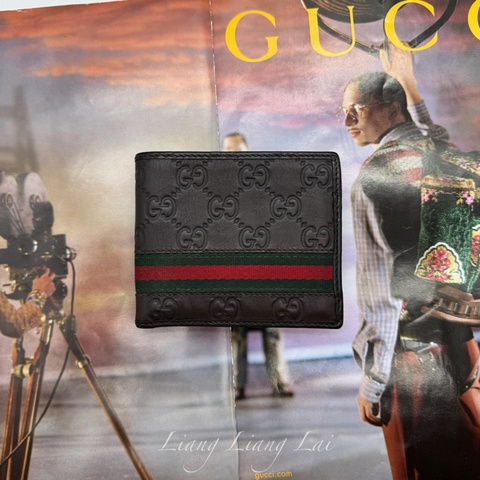 GUCCI 古馳 經典 GG 壓紋皮革紅綠織帶深咖啡色短夾