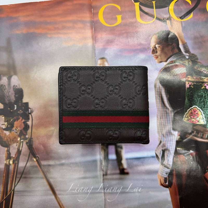 GUCCI 古馳 經典 GG 壓紋皮革紅綠織帶深咖啡色短夾-1