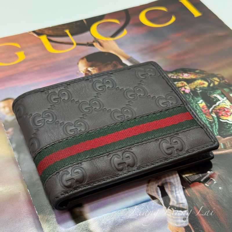 GUCCI 古馳 經典 GG 壓紋皮革紅綠織帶深咖啡色短夾-4