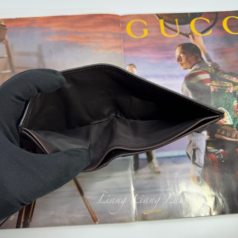GUCCI 古馳 經典 GG 壓紋皮革紅綠織帶深咖啡色短夾-7
