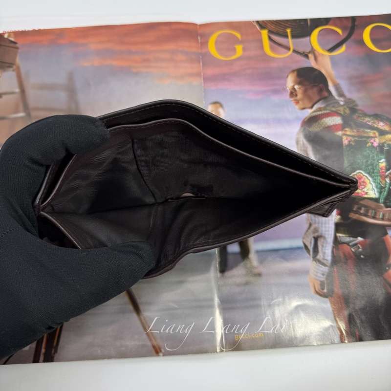 GUCCI 古馳 經典 GG 壓紋皮革紅綠織帶深咖啡色短夾-8