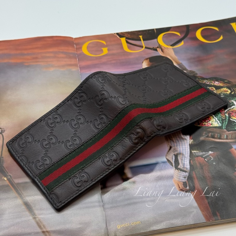 GUCCI 古馳 經典 GG 壓紋皮革紅綠織帶深咖啡色短夾-11