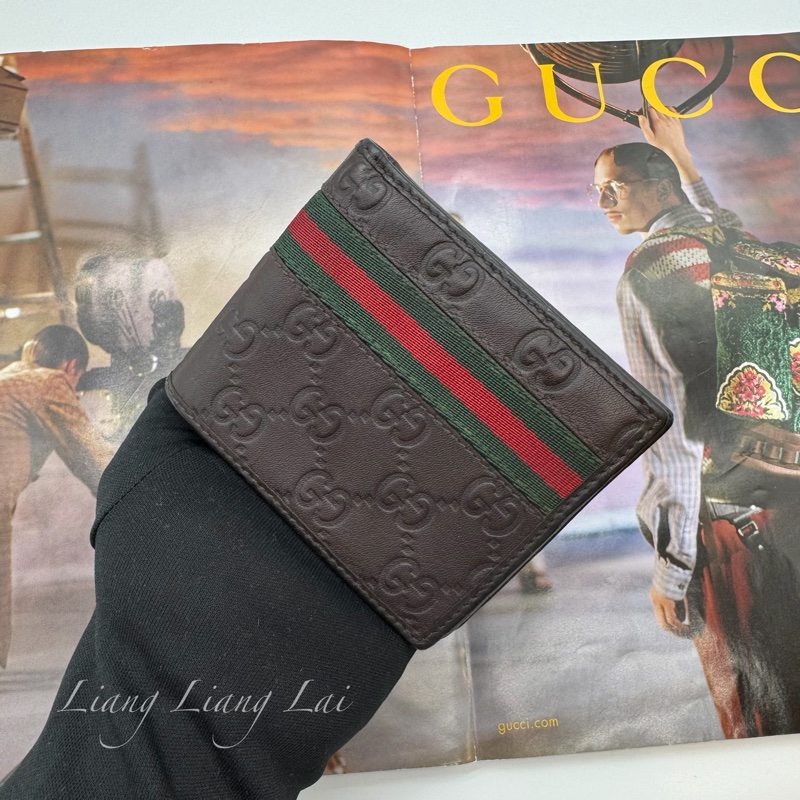 GUCCI 古馳 經典 GG 壓紋皮革紅綠織帶深咖啡色短夾-13