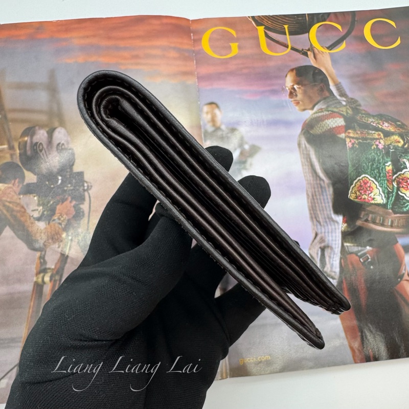 GUCCI 古馳 經典 GG 壓紋皮革紅綠織帶深咖啡色短夾-14